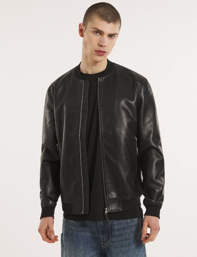 Μαύρο leather effect biker bomber jacket