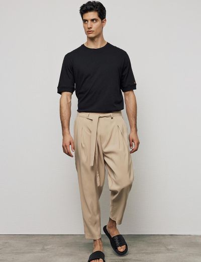 Cupro παντελόνι με ζώνη, λάστιχο και πιέτες