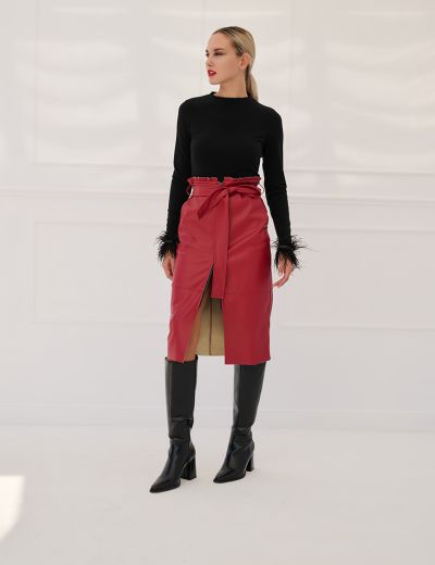 Κόκκινη δερματίνη φούστα με φερμουάρ μπροστά