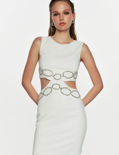 Λευκό cut out mini φόρεμα με στρας