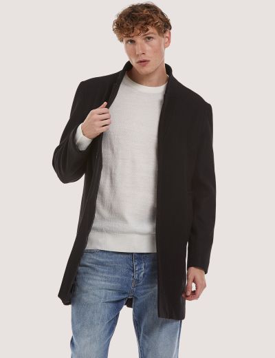 Μαύρο παλτό μονόπετο με όρθιο μάο γιακά