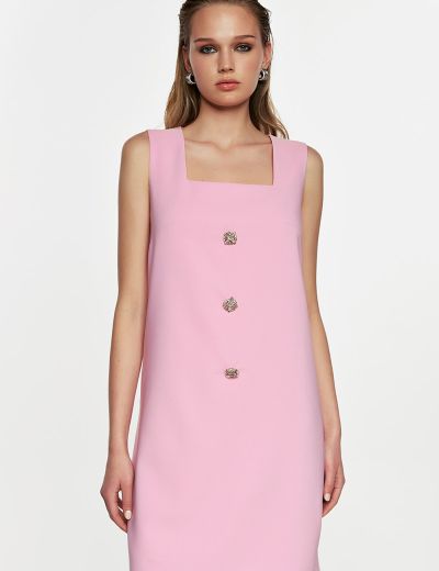 Ρόζ αμάνικο μίνι φόρεμα με στρασένια κουμπιά