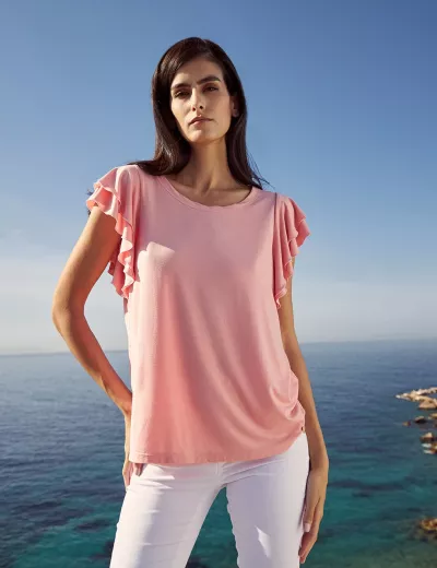 Ρόζ μπλούζα με διπλό βολάν
