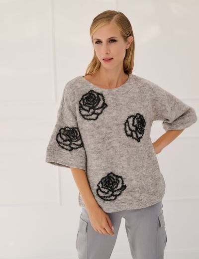 Γκρί πλεκτή μπλούζα με κεντημένα τριαντάφυλλα