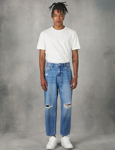 Medium blue cropped jeans με σκισίματα loose fit