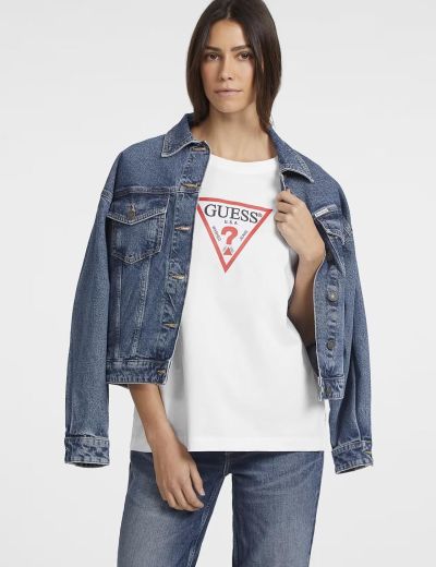 Λευκή κοντομάνικη boxy fit με στάμπα Guess iconic triangle