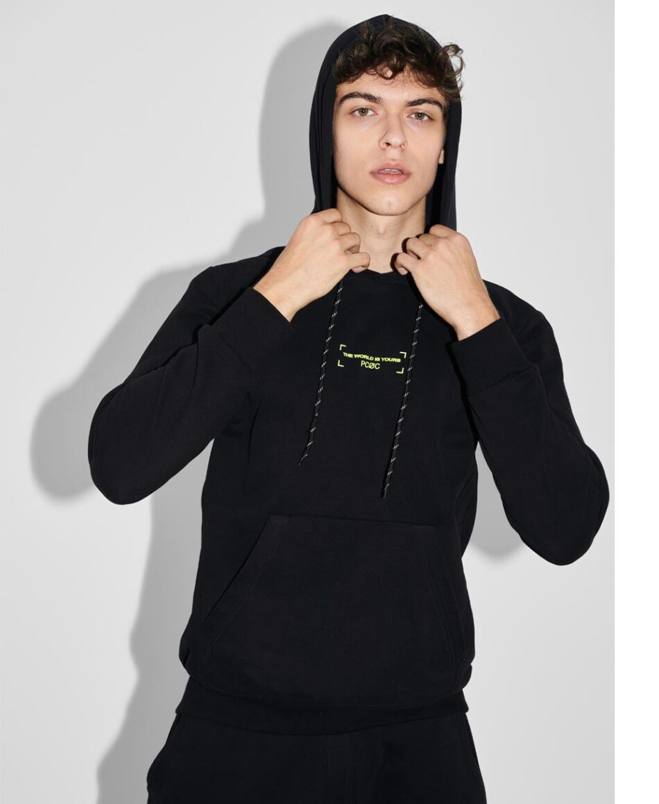 P/COC black hoodie the world is yours fluo letters fall winter 22
