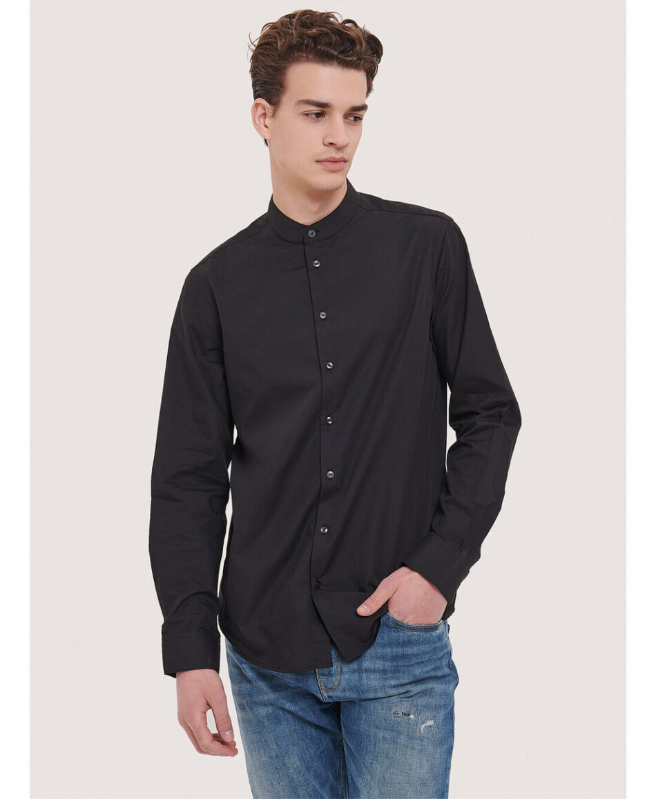 mauro black shirt with mao korean neck made in italy
