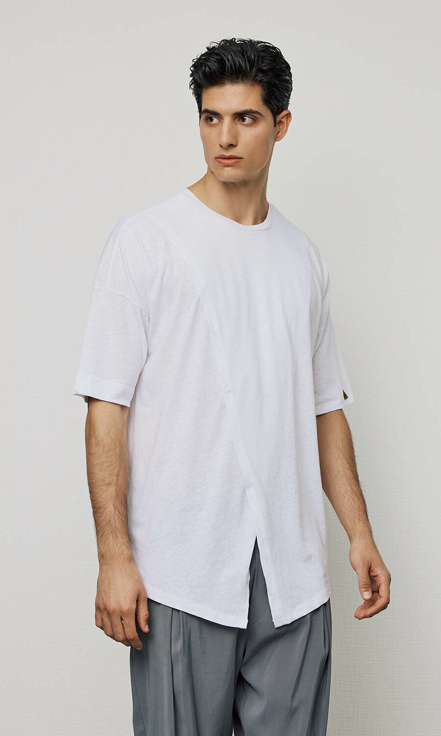 leukh white linen tshirt asymmetrh mplouza picoc summer 2024 high summer collection menswear